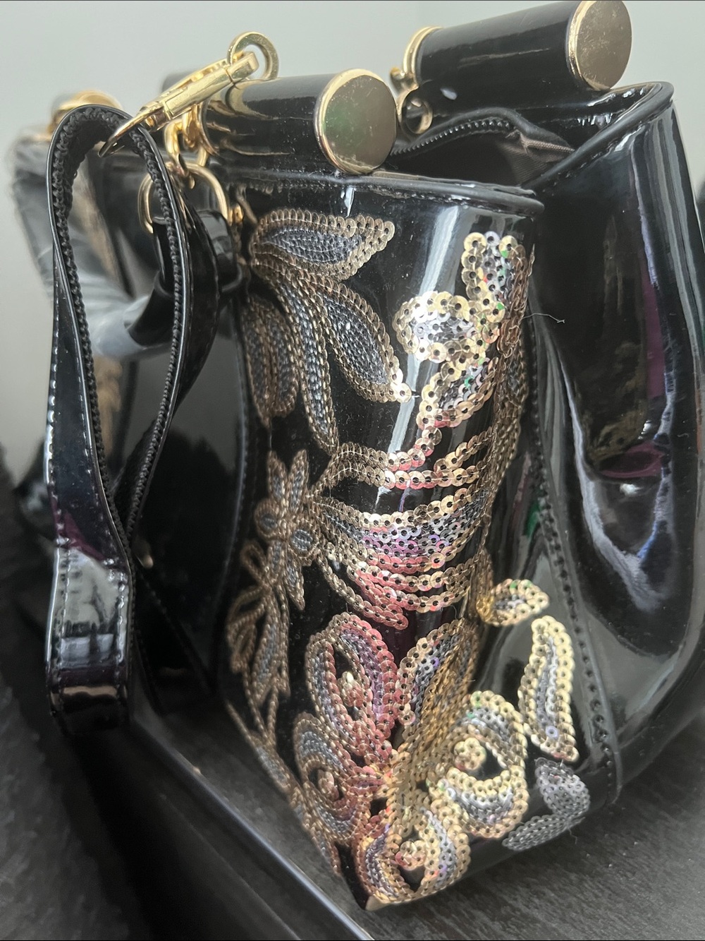 Black Sequin Patent Leather Top-Handle Bag - Picture 5 of 5